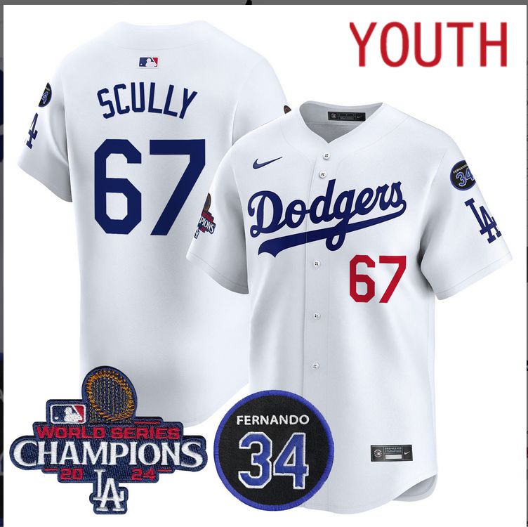 Youth  MLB Los Angeles Dodgers #67 Scully white 2024 World Series Champions Patch Limited Jersey